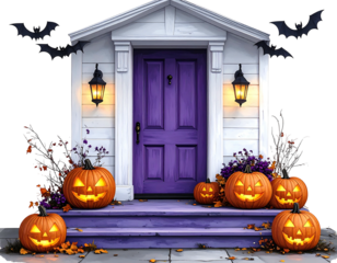 A purple door with lighted pumpkins outside the porch and flying bats for the Halloween holiday celebration