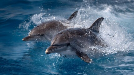 Two graceful dolphins surface and splash playfully in the vibrant blue ocean waves showcasing marine life in motion
