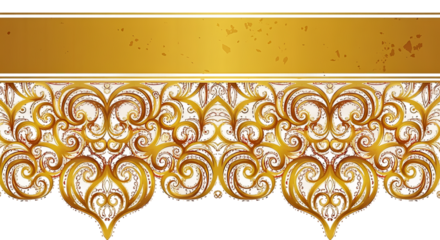 Luxurious ornate golden floral pattern with intricate swirling details and a textured gold banner isolated on transparent background
