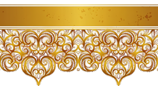 Luxurious ornate golden floral pattern with intricate swirling details and a textured gold banner isolated on transparent background