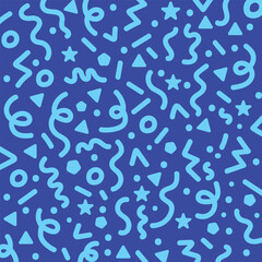 Playful abstract pattern with doodle shapes and confetti elements. fun seamless background for party, celebration, kids design, wrapping paper, festive décor, and creative projects