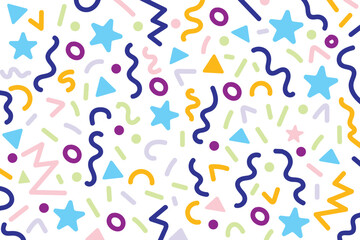Playful abstract pattern with doodle shapes and confetti elements. fun seamless background for party, celebration, kids design, wrapping paper, festive décor, and creative projects