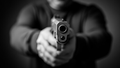 Person holding a handgun with both hands, aiming directly at the observer, creating a strong sense of danger and threat in a black and white composition
