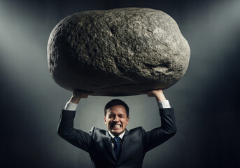 Businessman Lifting a Giant Rock Representing Pressure and Effort