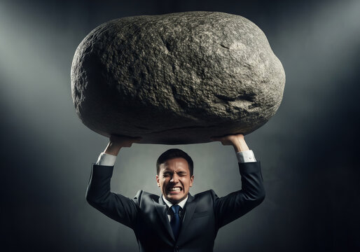 Businessman Lifting a Giant Rock Representing Pressure and Effort