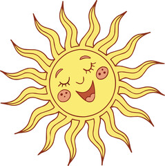 A bright yellow cartoon sun with a happy smile is a perfect summer vector illustration symbol of sunshine and heat.