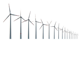 A receding line of gray wind turbines are visible, silhouetted against a dark sky, shrinking into the distance