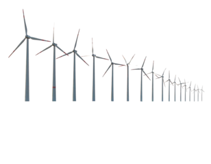 A receding line of gray wind turbines are visible, silhouetted against a dark sky, shrinking into the distance