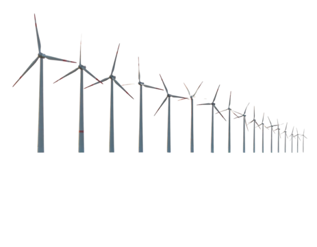 A receding line of gray wind turbines are visible, silhouetted against a dark sky, shrinking into the distance