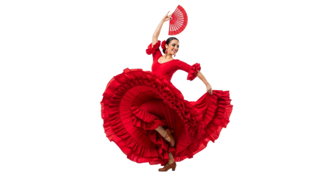 Latina dancer captures joy in mid-pirouette with arms raised and a smile against a plain white background