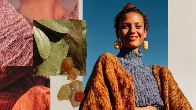 Fashion portrait collage of a smiling woman with textured fabrics and botanical elements, editorial‑style composition ideal for style lookbooks, sustainable fashion, and creative brand intros.