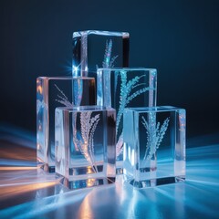 Close-up of intricately sculpted clear glass blocks with etched floral designs illuminated by vibrant blue and orange light