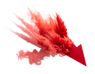A red arrow breaks through a cloud of red dust, on a black background, symbolizing destruction and loss