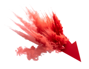 A red arrow breaks through a cloud of red dust, on a black background, symbolizing destruction and loss