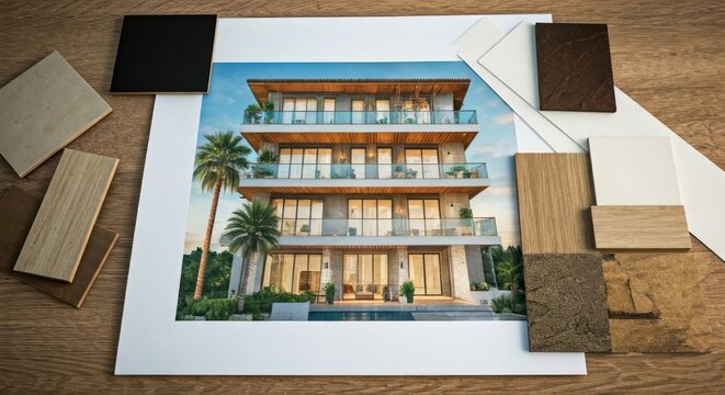 Architectural rendering of a modern home with material samples on a wooden surface