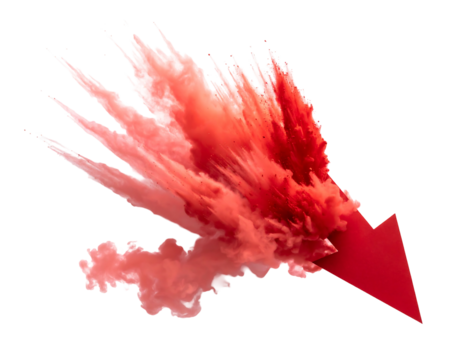 A red arrow breaks through a cloud of red dust, on a black background, symbolizing destruction and loss - Powered by Adobe