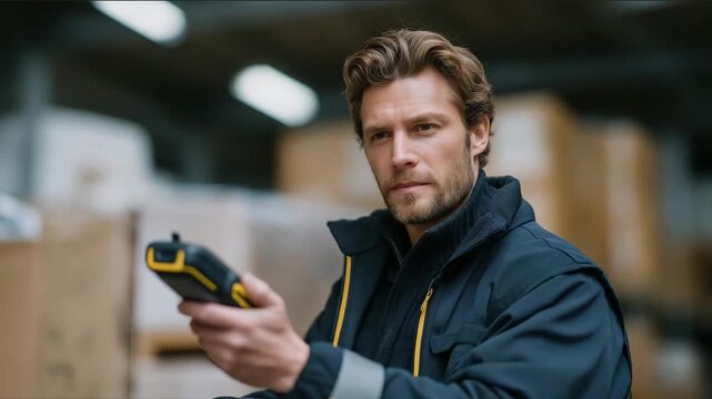 Warehouse operator scanning smart container with handheld device, emotion of focus and professionalism visible, symbolizing automated inventory control, RFID tracking innovation, and efficiency in
