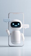White friendly artificial intelligence chatbot popping out from a generic smartphone screen, sending and receiving messages and providing online customer support