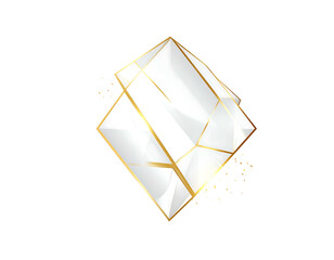 A white crystal structure with golden edges floats against a black background, abstract and slightly fragmented