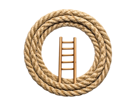 A ladder centered within a circle of thick, braided rope against a stark black backdrop