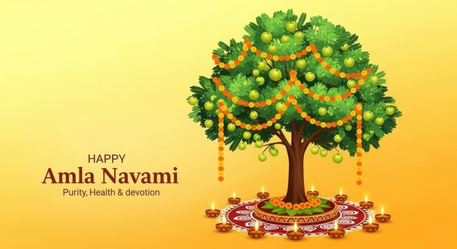 Happy amla navami celebration with a decorated amla tree surrounded by diyas and marigold garlands on a yellow gradient background