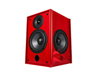 A red speaker with two cones and a tweeter on a black background; stylized liquid splash on the lower right corner
