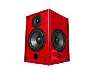 A red speaker with two cones and a tweeter on a black background; stylized liquid splash on the lower right corner
