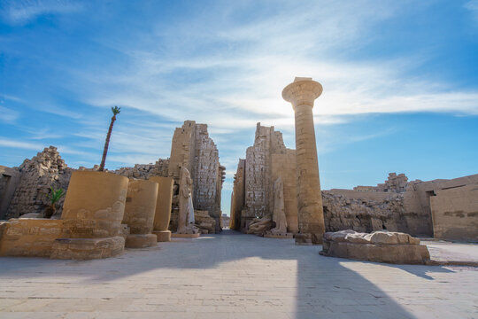 The single remaining massive papyrus column of the Taharqa Kiosk, built by the Nubian Pharaoh Taharqa, inside the First Court of the historic Karnak Temple in Luxor, Egypt.