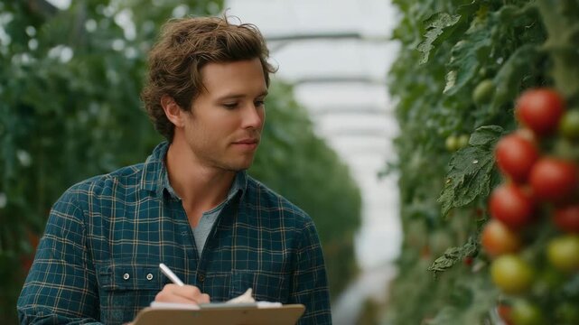 A farmer checks ripe tomatoes in a greenhouse, with vines trellised, red fruit gleaming, water droplets on leaves, and a clipboard noting yields, captured in a lush photo with tomato shines, leaf