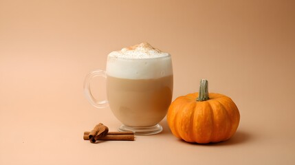 Cup of coffee with pumpkin and cinnamon sticks on beige background