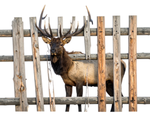 A large elk with impressive antlers stands behind a weathered wooden fence against a black background