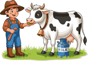 Happy Boy Feeding Dairy Cow Vector