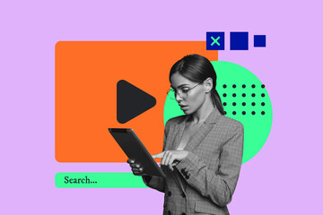 Collage of business blogger man woman deice digital gadget chat window symbolizing ideas online media social platforms