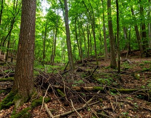 Obraz premium Forest with dense tangle of fallen branches and twigs on the ground under a closed green canopy