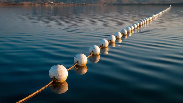 Row of White Buoys Connected by Rope Floating on Calm Blue Water of a Lake at Sunset with Mountain Backdrop