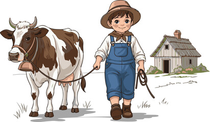 Little Boy Walking with Cow Vector
