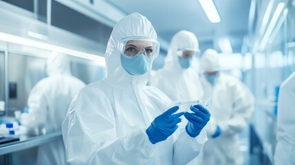 Employees are conducting cleanroom air quality tests to prevent contamination.