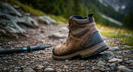 Close-up of a weathered brown hiking boot on a rocky trail with blurred green backdrop