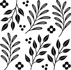 Black hand drawn floral elements and leaves on white background flower leaf