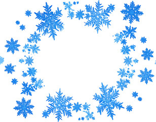 A ring of blue snowflake illustrations is depicted against a black backdrop, creating a festive frame