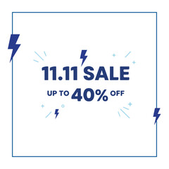 Promotion banner design for a 11.11 sale with discount message and lightning elements. Suitable for online store promotions, marketing posts and seasonal sale campaigns.