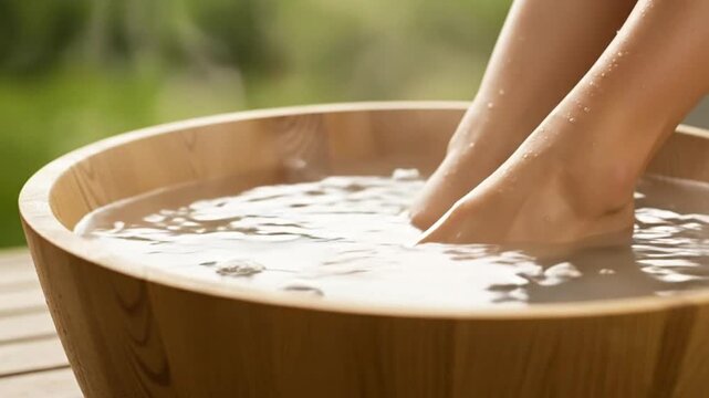 Close up of bare feet soaking in a wooden tub with warm water outdoors.