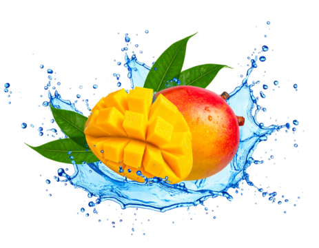 A ripe mango, partially cut, displayed with green leaves amid a splash of vibrant blue water on a black background
