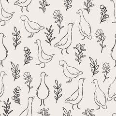 Cute seamless pattern with geese and flowers. Hand drawn minimal illustration for fabric and wallpaper. © jenteva