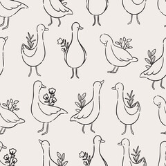 Line art pattern with geese and flowers. Minimal seamless design for nursery or packaging.