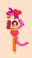 Colorful collage. Smiling woman made of heart and chat symbols representing emotional expression. Concept of self-confidence, emotional intelligence for psychology, wellness, and education design.