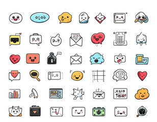 A collection of whimsical, hand-drawn style icons with cute, expressive faces and playful designs on black background