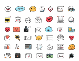 A collection of whimsical, hand-drawn style icons with cute, expressive faces and playful designs on black background