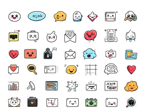 A collection of whimsical, hand-drawn style icons with cute, expressive faces and playful designs on black background