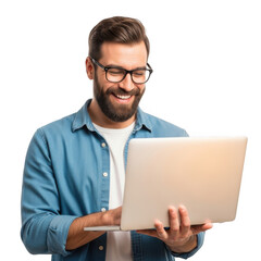Smiling bearded man wearing glasses and a blue denim shirt holding a laptop computer isolated on transparent background